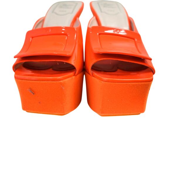 Roger Vivier Neon Orange Patent Leather Buckle Accent Platform Heels Size 38